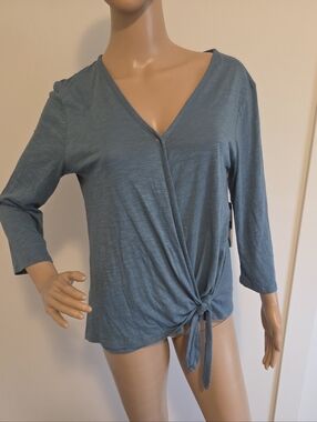 Eddie Bauer Blue Gatecheck 3/4 Sleeve Wrap Top NEW